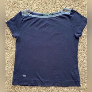 Lauren Ralph Lauren women’s navy cap sleeve top with zipper detail. Size L